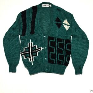 Vintage 80's Forum Geometric Cardigan Sweater Mens L Green Chunky Knit Excellent